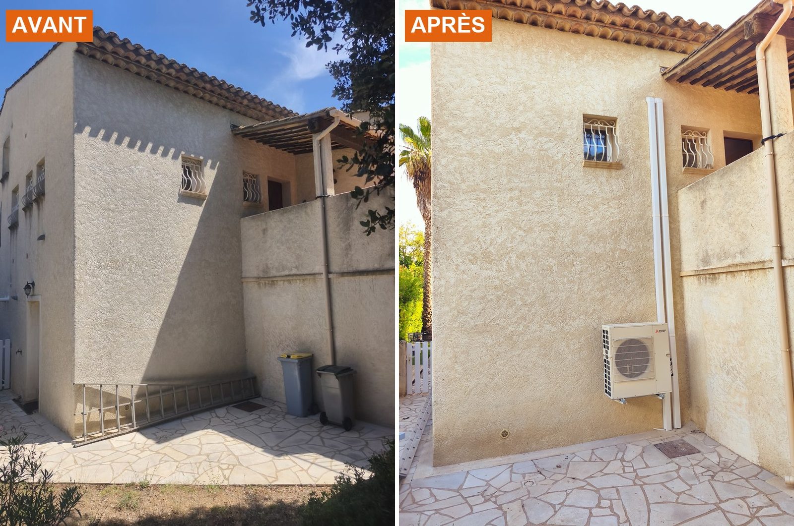 Avant / après : groupe extérieur de climatisation posé sur une façade — Fréjus Avant / après d'une façade de maison à Fréjus : mur nu en août, puis groupe extérieur de climatisation Mitsubishi Electric posé sur équerre avec ses goulottes blanches — MSC Climatisation