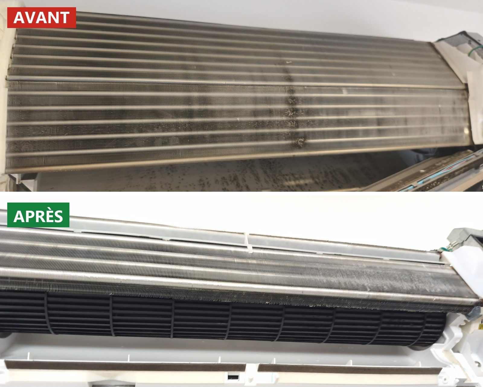 Avant / après l’entretien : la batterie d’une unité murale — Draguignan Avant et après l'entretien : la batterie d'une unité murale noircie, puis la même batterie et sa turbine nettoyées — MSC Climatisation